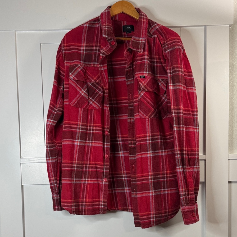 Obey Red and White Plaid Shirt